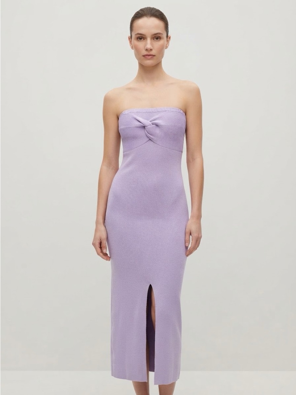Lavender Strapless Twist Front Sweater Knit Midi Dress NWOT Medium